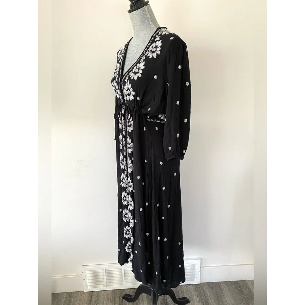 Free People Fable Embroidered V-Neck Midi Dress Sz M Boho Cottagecore Romantic
